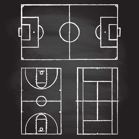 Football or soccer, tennis and basketball fields isolated on blackboard texture with chalk rubbed background. Realistic blackboard for tactic plan. Vector illustration.のイラスト素材
