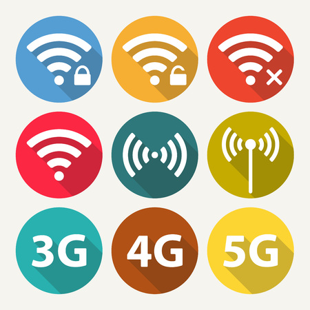 A wireless icon set for remote internet access. Podcast vector symbols in a flat style.のイラスト素材