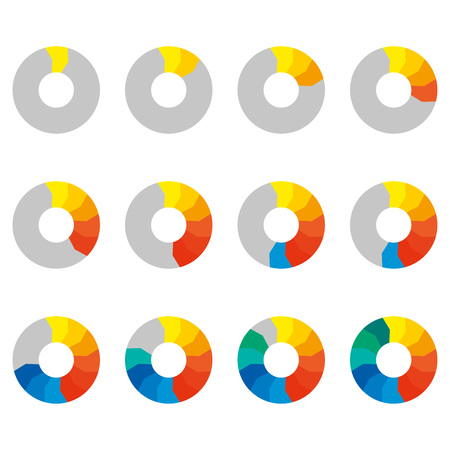 Preloaders icon set. Loading and buffering symbols. Step by step info-graphics. Colorful pie chart, diagram and graph with steps. Vector illustration.のイラスト素材