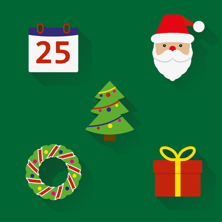 Christmas icons set. New Year and Christmas symbols in flat style with long shadow. Colorful vector illustration.のイラスト素材