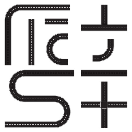 Road construction set. Highway map toolkit. Connectible road elements. Vector illustration of winding road.のイラスト素材