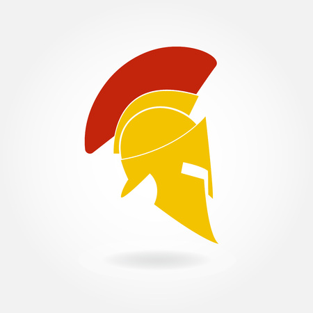 Spartan helmet icon. Ancient Roman or Greek helmet with feathered crest. Metal helmet for head protection.のイラスト素材