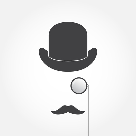 Hat, monocle, mustache. Old fashioned gentleman accessories icons set. Vintage style.のイラスト素材