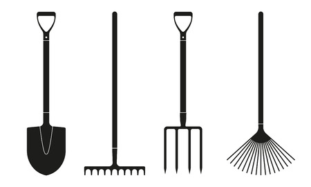 Shovel or spade, rake and pitchfork icons isolated on white background. Gardening tools design. Vector illustration.