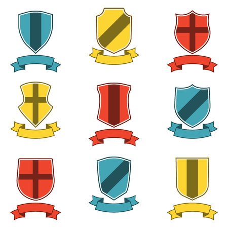 Shields with ribbon icon set. Different shield shapes collection. Heraldic royal design. Vector illustration.のイラスト素材