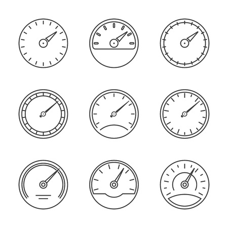 Speedometer and meter icon set in line style. Dashboard outline signs. Vector illustration.のイラスト素材