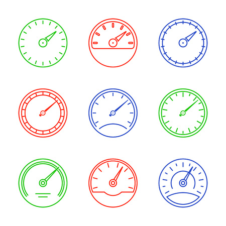 Speedometer and meter icon set in line style. Dashboard outline signs. Vector illustration.のイラスト素材