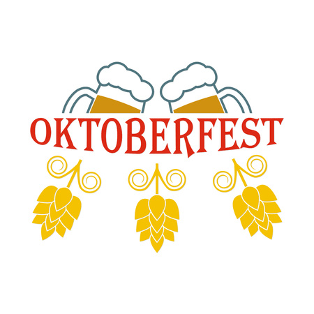Oktoberfest label or emblem. Beer festival symbol with beer mugs and hops. Vector illustration.のイラスト素材