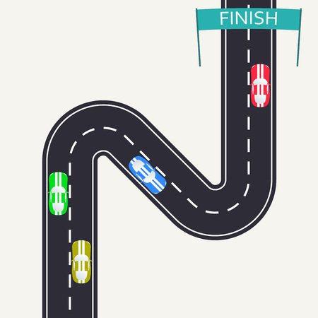 Car Racing in flat style. Winding road and sport car icons. Top View Background. Vector illustration.のイラスト素材