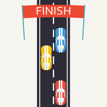 Asphalt road with finish line and sport cars. Car race design template in flat style. Top view background. Vector illustration.のイラスト素材