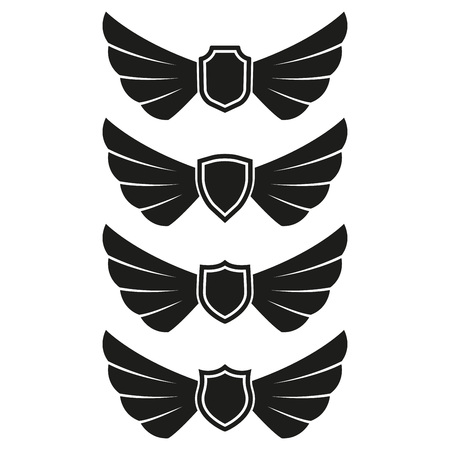 Wings icon set with shields isolated on white background. Wing emblem or label. Vector illustration.のイラスト素材