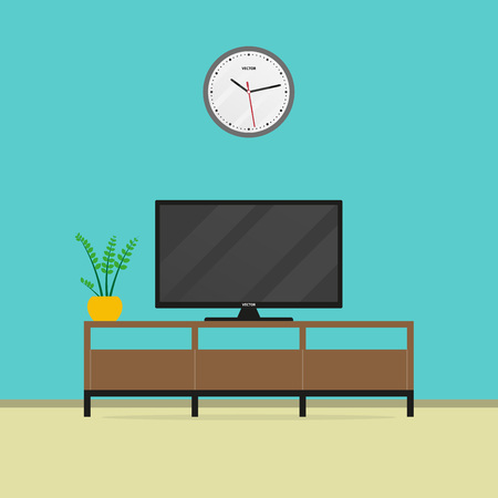 Living room interior with flat screen TV and TV stand. Vector illustration.のイラスト素材