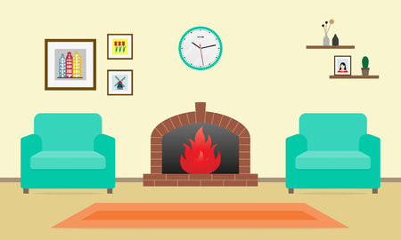 Living room interior with fireplace and two armchairs in flat style. Vector illustration.のイラスト素材