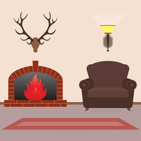 Living room interior with fireplace, armchair and deer antlers on the wall in flat style. Vintage design. Vector illustration.のイラスト素材