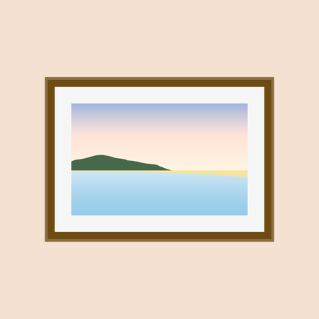 Picture on the wall with sea, mountains, bitch and sky. Vector illustration in flat style.のイラスト素材