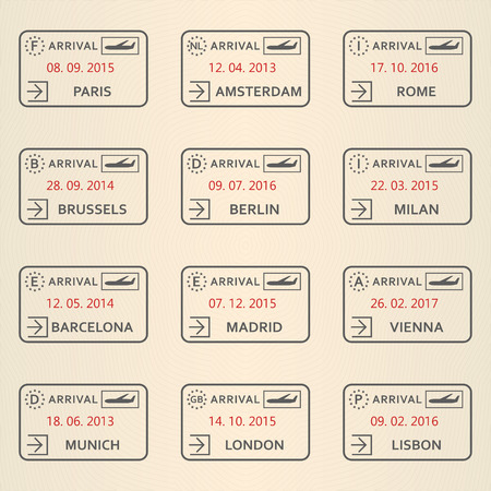 Visa, travel or immigration stamps set. Passport stamp collection with European cities. Vector illustration.のイラスト素材