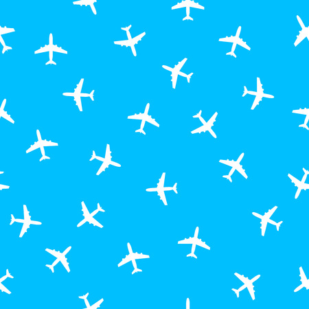 Plane seamless pattern. Blue background with airplane icons. Vector illustrationのイラスト素材