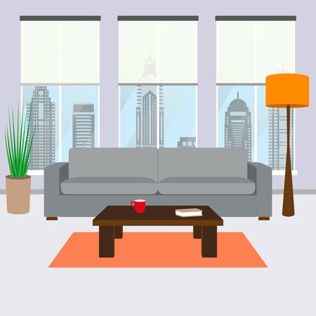 Living room interior with windows, modern sofa and coffee table. Furniture design. Vector illustration.のイラスト素材