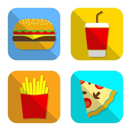 Fast food icon set with hamburger, pizza, French fries and drink. Vector illustration.のイラスト素材