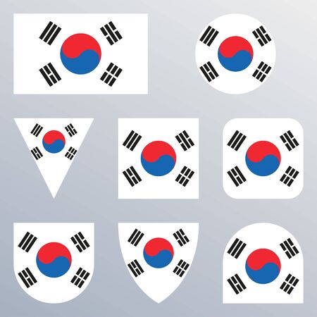 South Korea flag icon set. Korean flag button or badge in different shapes. Vector illustration.のイラスト素材