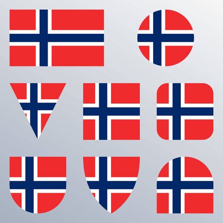 Norway flag icon set. Norwegian flag button or badge in different shapes. Vector illustration.のイラスト素材