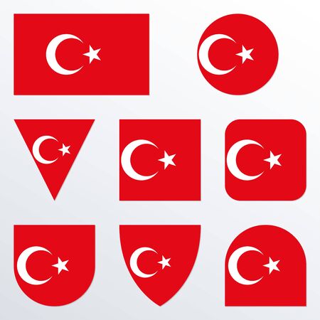 Turkey flag icon set. Turkish flag button or badge in different shapes. Vector illustration.のイラスト素材