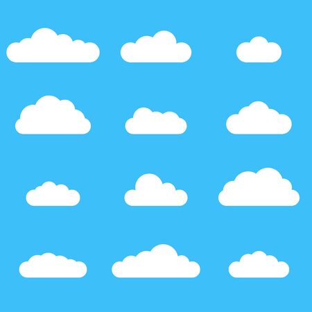 Clouds icon set. Different cloud shapes isolated on the blue sky background. Vector illustration.のイラスト素材