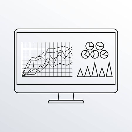 Computer monitor line icon with graph, diagram and charts. PC desktop display outline sketch. Vector illustration.のイラスト素材