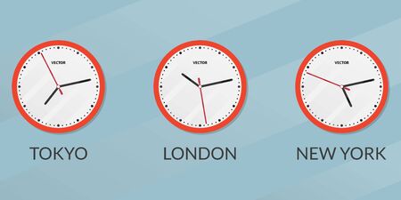 Wall clock set with different time zones. London, New York, Tokyo time difference. Vector illustration.のイラスト素材