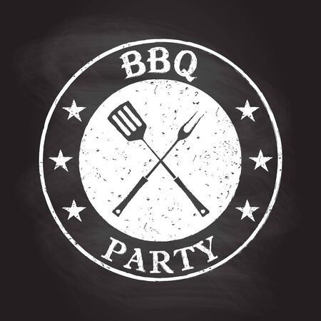 BBQ party grunge stamp isolated on blackboard texture with chalk rubbed background. Barbecue icon or logo with fork and spatula. Vector illustration.のイラスト素材