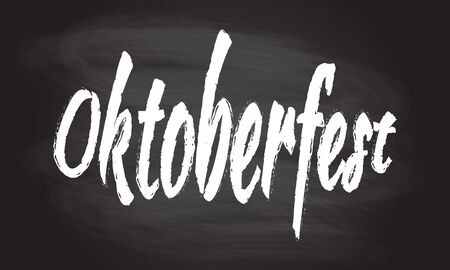 Oktoberfest banner isolated on blackboard texture with chalk rubbed background. Beer festival lettering typography. Oktoberfest flyer, sticker design element. Vector illustration.のイラスト素材