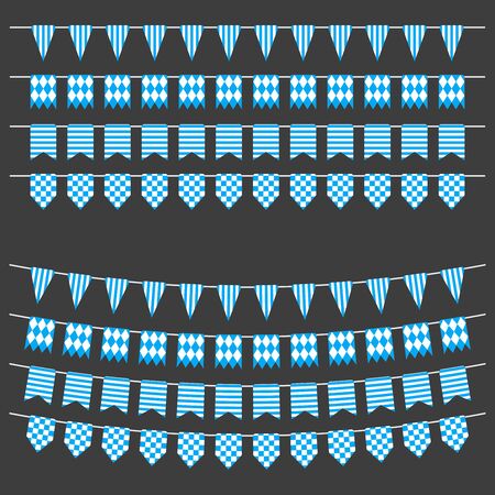 Bunting and garland set. Blue festive flags. Decoration elements for celebrate, party or festival design. Vector illustration. のイラスト素材
