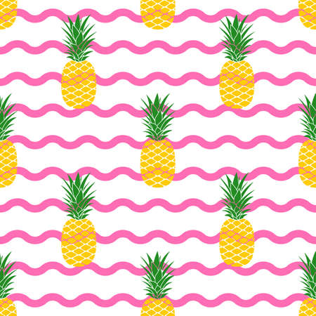 Pineapple seamless pattern with wavy lines. Tropical fruit background. Summer print. Vector...