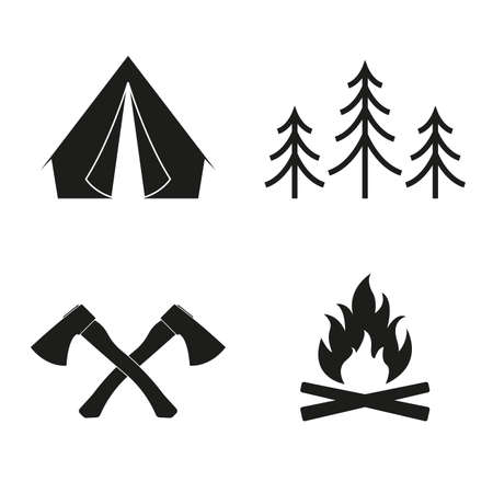 Camp icon set. Camping sign collection with tourist tent, campfire, ax and forest or trees. Vector illustration.のイラスト素材