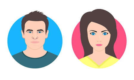 Man and Woman face avatar. Male and Female icon or portrait. Young girl and boy. Vector illustration.のイラスト素材