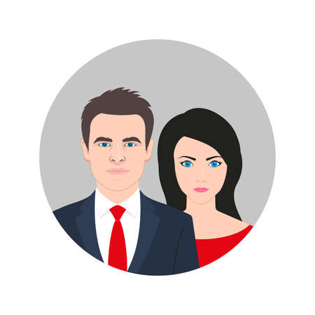 Man and woman icon with realistic faces. Male and female couple. Gentleman and lady or husband with wife user avatar. Vector illustration.のイラスト素材