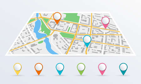 City map with colorful markers or pin pointers. Perspective map with city roads, streets and buildings. Vector illustration.のイラスト素材