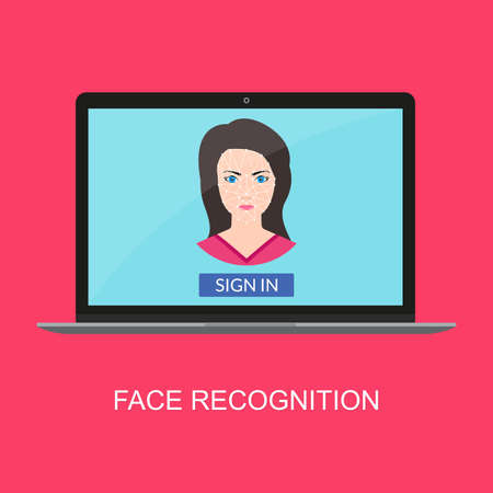 Face recognition technology. Laptop with Facial Biometric Identification system for access to a computer. Male user avatar. Vector illustration.のイラスト素材