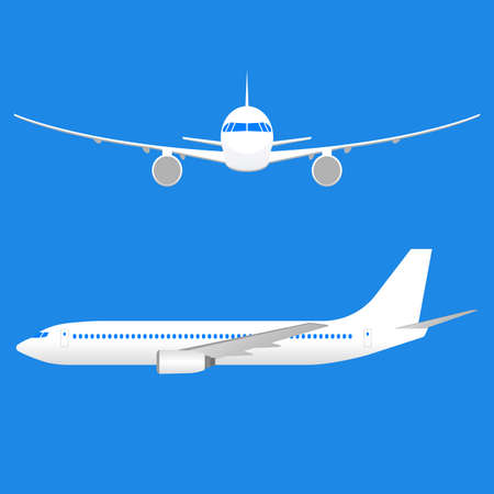 Plane set. Side view and front view of Airplane. Passenger aircraft. Vector illustration.のイラスト素材