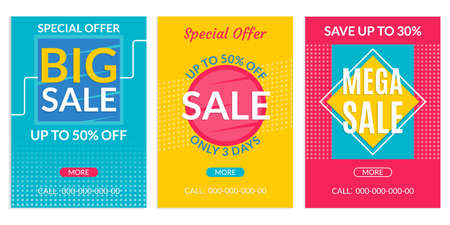 Sale banner template. Discount flyer or poster set. Special Offer and Price off coupon collection for Clearance, Promo, Social media, Marketing in flat style. Vector illustration.のイラスト素材
