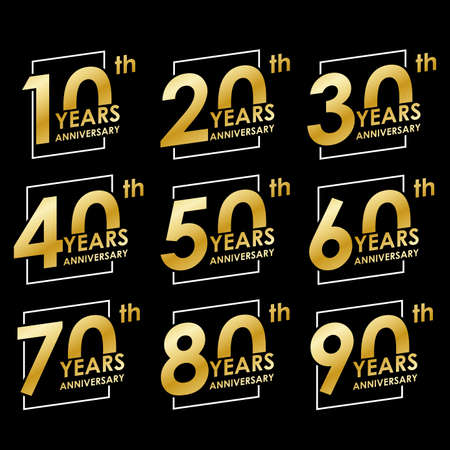 Anniversary icon set. 10, 20, 30, 40, 50, 60, 70, 80, 90 years Anniversary badges collection. Modern labels design for Birthday, Wedding, Corporate Invitation, Celebrating, Party, Business Event. Vector illustration.のイラスト素材