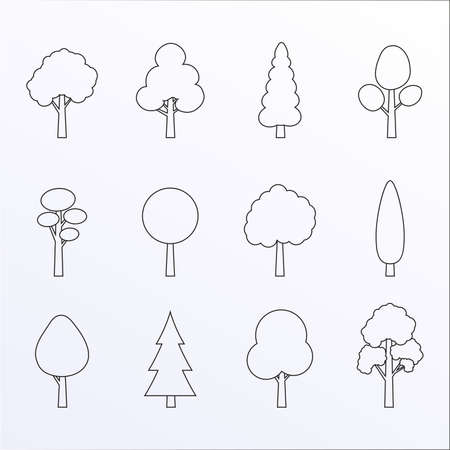 Tree outline icon set. Plants with leafs silhouettes. Forest and garden symbol. Vector illustration.のイラスト素材