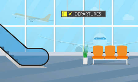 Airport terminal background. Waiting hall interior with the airplanes outside the window. Departure lounge with chairs and escalator. Vector illustration.のイラスト素材