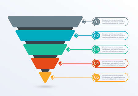 Sales and Marketing Funnel. Business pyramid template with 5 steps. Conversion cone process. Vector illustration.のイラスト素材