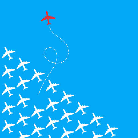 Think differently. A red plane changing direction from the white planes. Different, courage, unique, leadership, change, creative, new path, be yourself business concept. Vector illustration.のイラスト素材