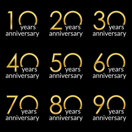 Anniversary  set. 10,20,30,40,50,60,70,80,90 years celebrating icons with gold numbers. Birthday design template. Vector illustration.のイラスト素材