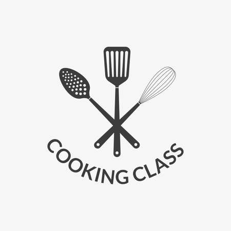 Cooking class logo. Kitchen tools or utensils icon. Spatula, Whisk and Skimmer. Vector illustration.のイラスト素材