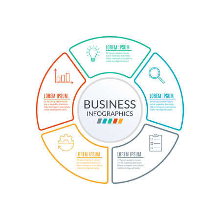 Circle infographic template. Outline Diagram with 5 elements or steps. Workflow, layout template. Business process and presentation concept. Organization chart. Vector illustration.のイラスト素材