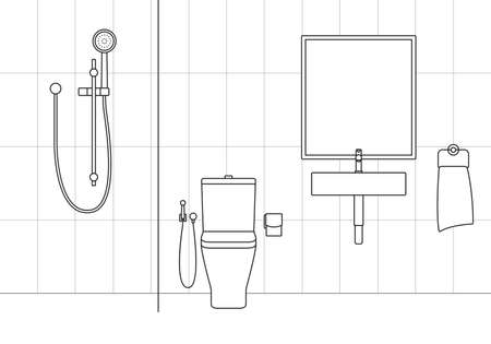 Bathroom interior with modern shower, sink and toilet. Minimal line design. Vector illustration.のイラスト素材