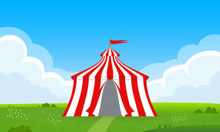 Circus tent with flag. Carnival and funfair marquee on the field or meadow with blue sky and clouds. Vector illustration.のイラスト素材